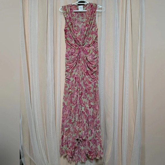 Misa Los Angeles Ava Midi Dress in Vintage Paisley, Stretch Mesh, Ruched Bodice. - Picture 2 of 16